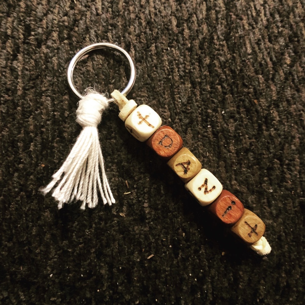 personalized name or word keychain with a tassel